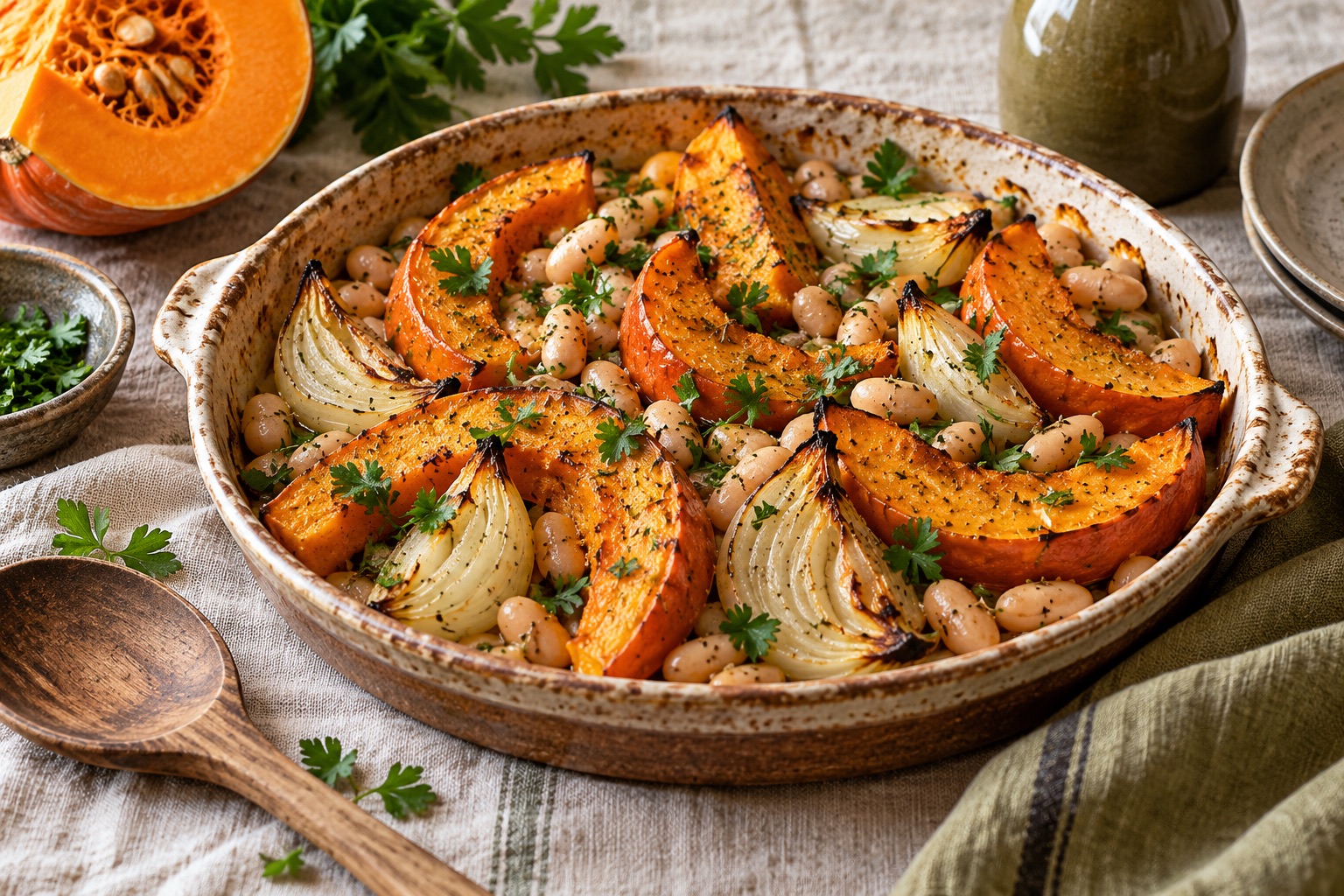 Courge et oignons rôtis avec des légumineuses et du persil.