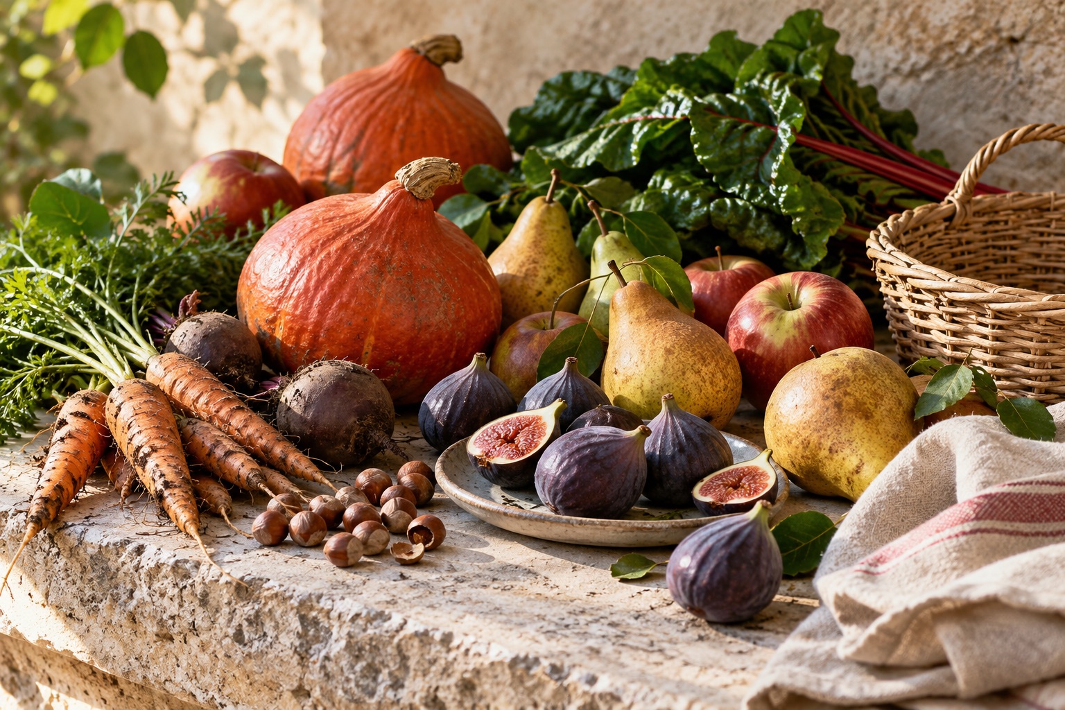 Courges, pommes, poires et légumes d’automne sur une table de pierre.