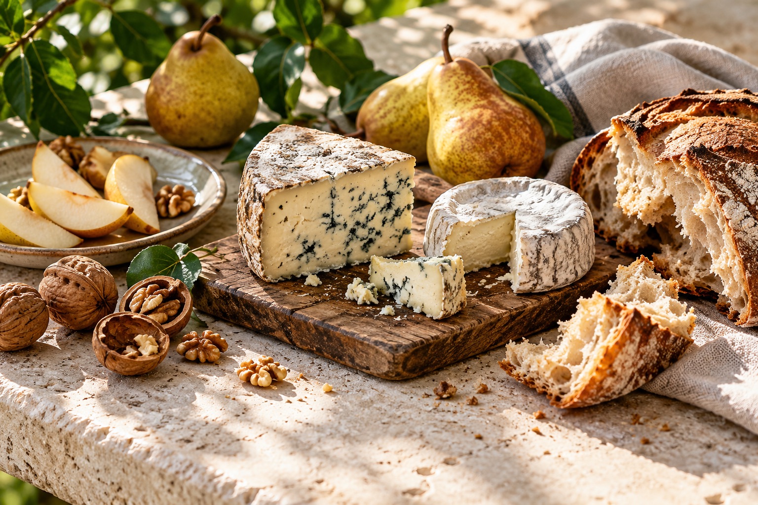 Fromages, pain, poires et noix pour une table de terroir.